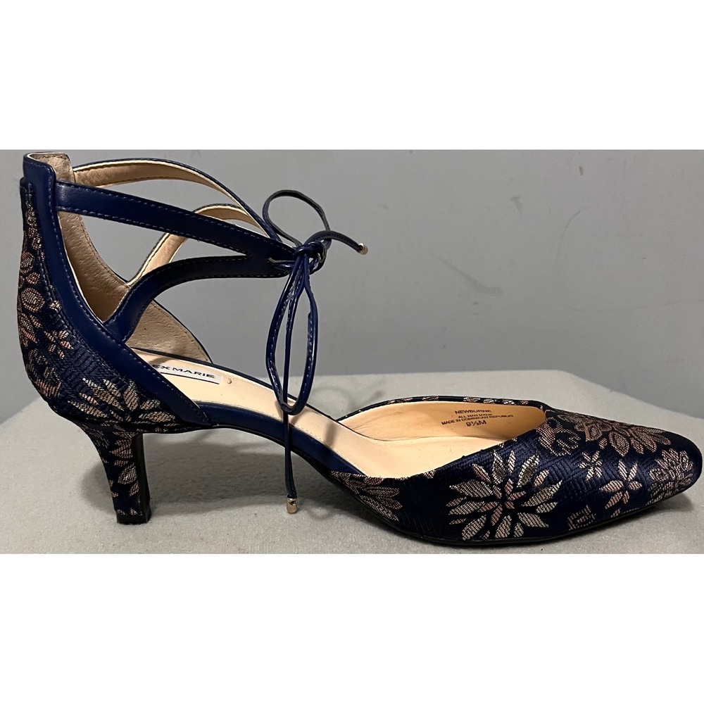 Alex Marie Newburne Navy Blue Gold Floral Jacquard Ankle Tie Kitten Heels 9.5M - Picture 7 of 11